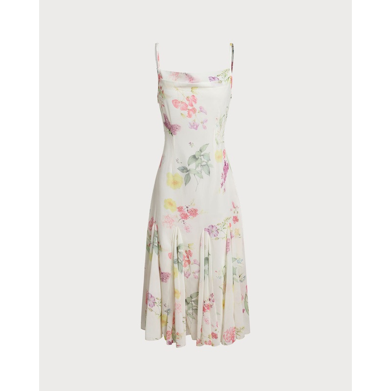 White Floral Pleated Slip Midi Dress