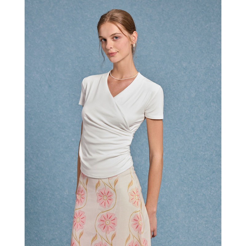 White Ruched Slim Knit Tee
