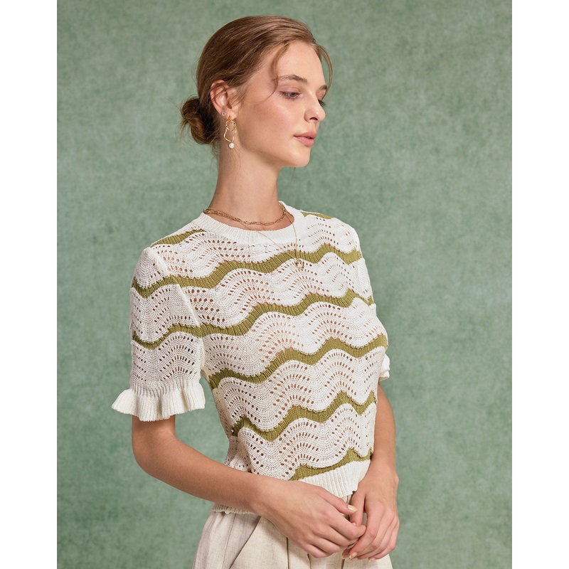 White Striped Round Neck Crochet Sweater