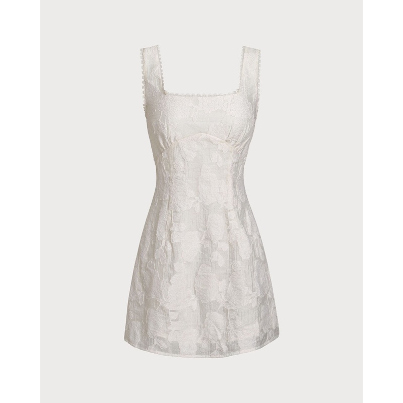 White Textured Square Neck Slip Mini Dress
