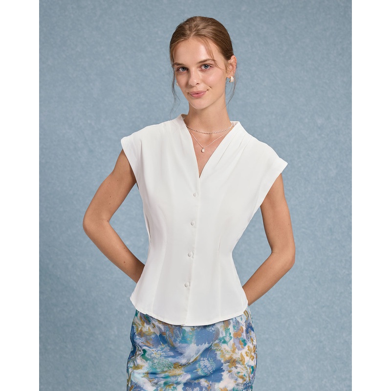 White V Neck Button Tee