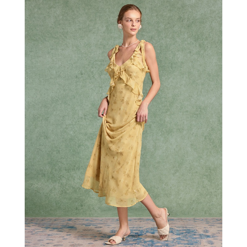 Yellow Floral Chiffon Tie Strap Maxi Dress