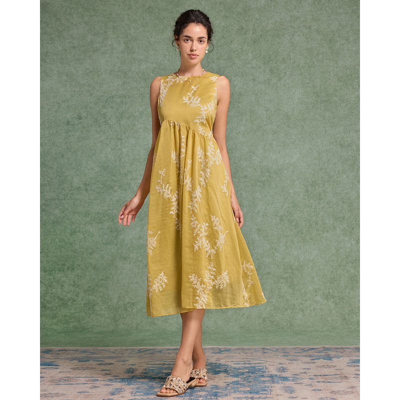Yellow Floral Round Neck Sleeveless Midi Dress