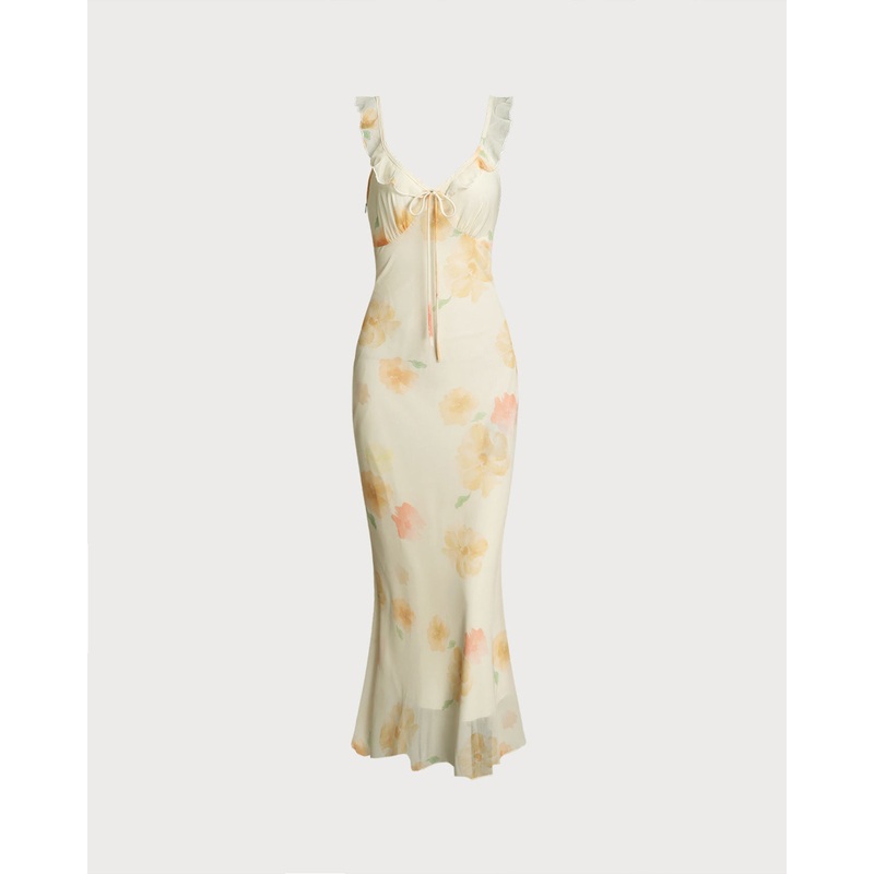 Yellow Floral Ruffle Mermaid Maxi Dress
