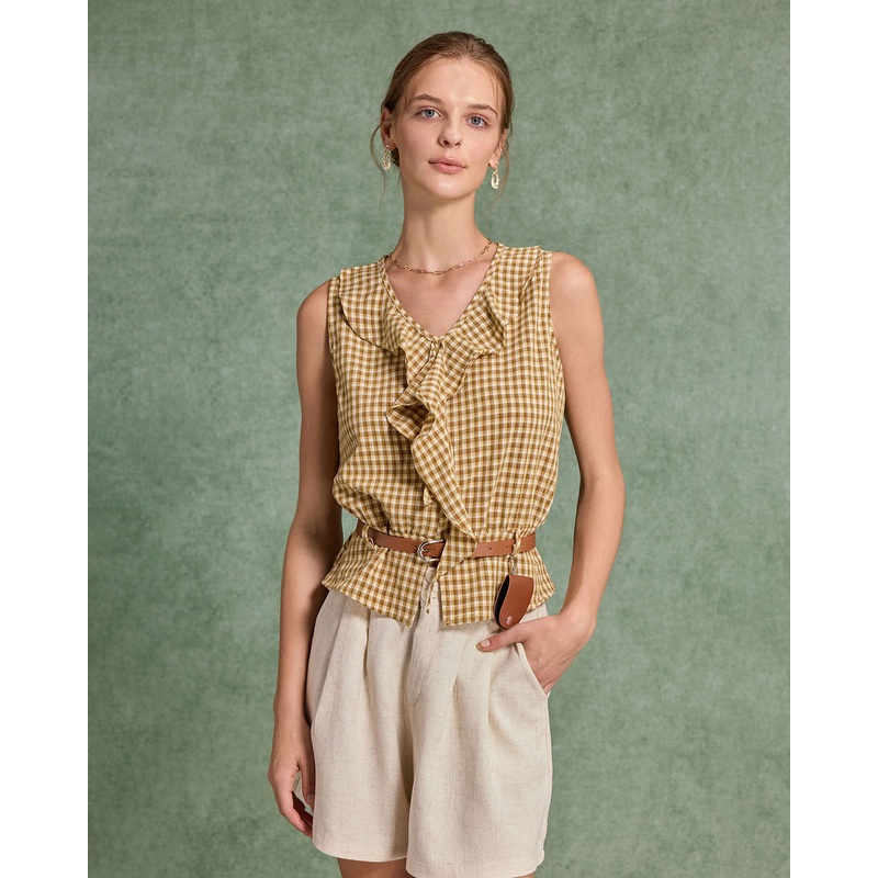 Yellow Plaid Ruffle Belt Tank Top