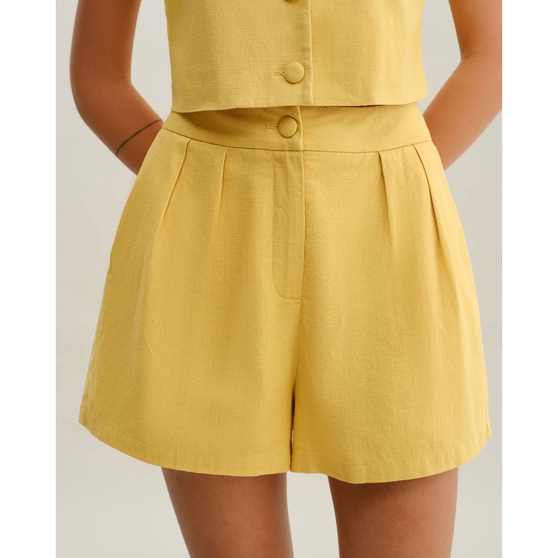 Yellow Ruched Button Shorts