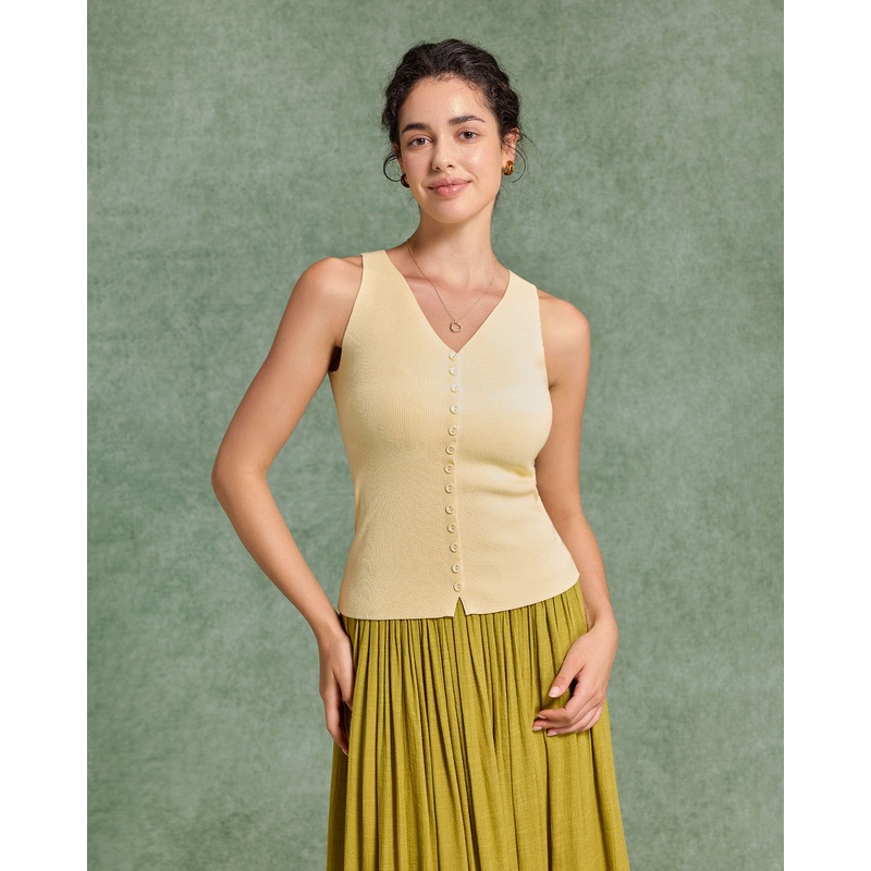 Yellow V Neck Button Knit Tank Top