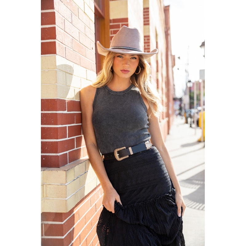 Back To Square One Charcoal Acid Washed Ribbed High Neck Tank