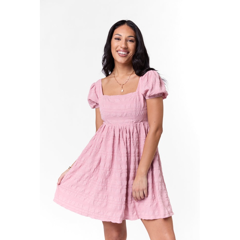 Breezing By Pink Textured Square Neck Mini Dress