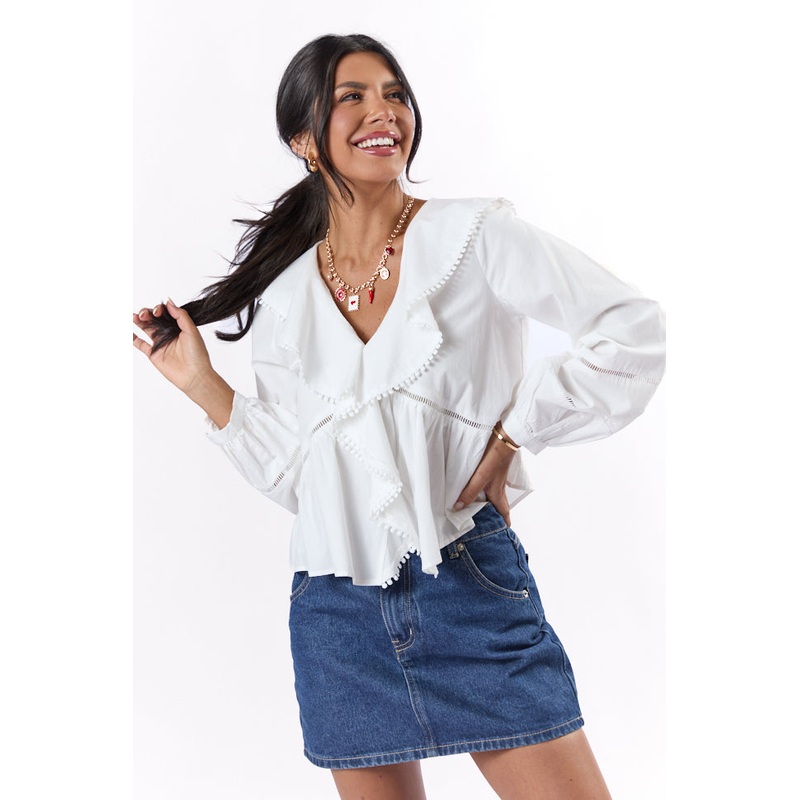 Burn The Breeze Ivory Ladder Detail Ruffle Front Blouse