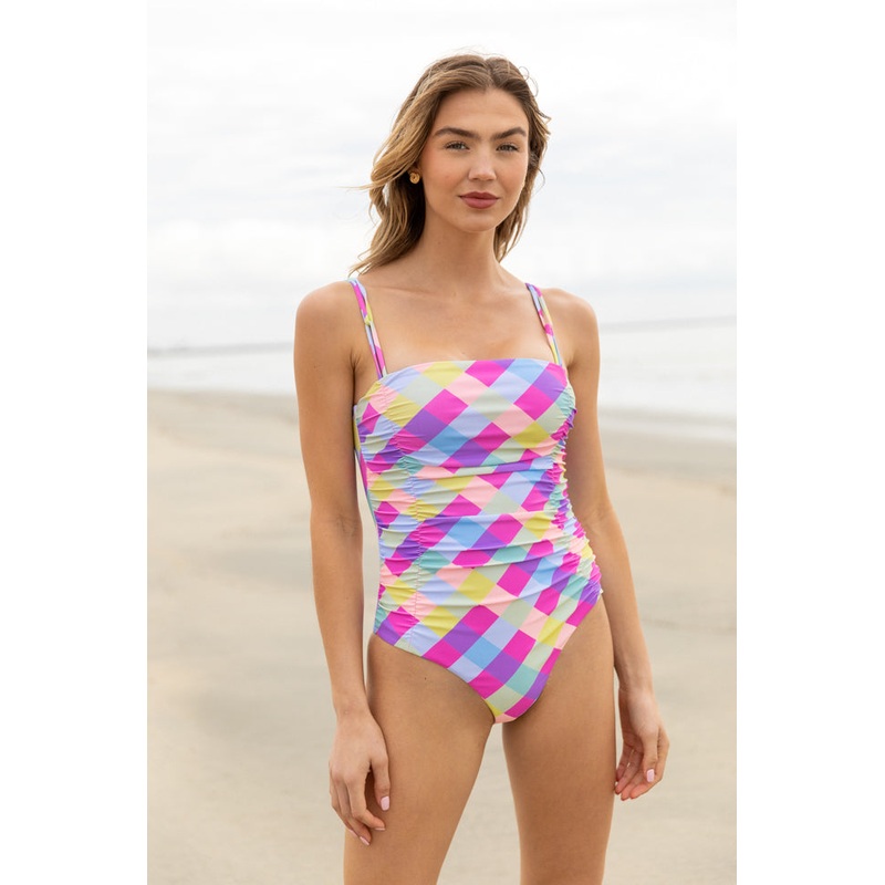 Chasing Waves Plaid Ruched One Piece Printed Swimsuit FINAL SALE