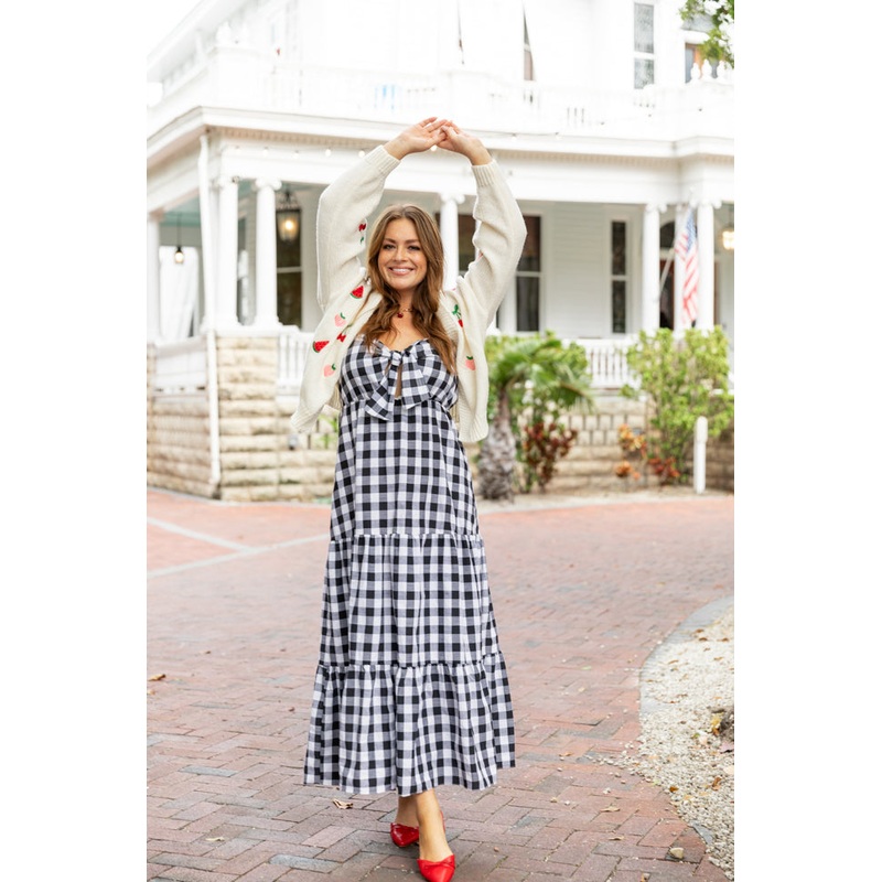 Checked Out Black and White Gingham Tie Front Maxi Dress