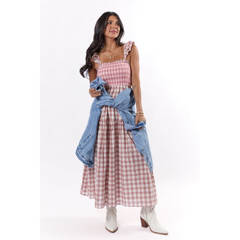 Checked Treasures Pink and Brown Plaid Tiered Midi Dress