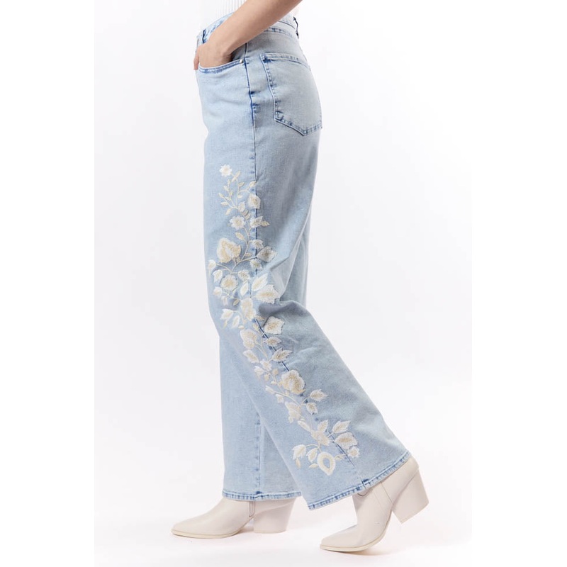Daisy Light Wash Floral Embroidered Wide Leg Jeans