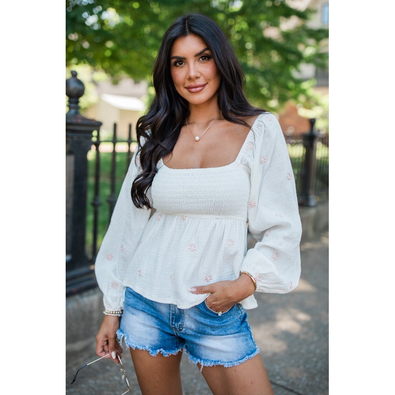 Darling Days Ivory Floral Embroidered Gauze Top