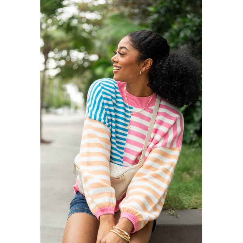 Delightful Days Blue, Pink, and Orange Multi Color Block Striped Sweater