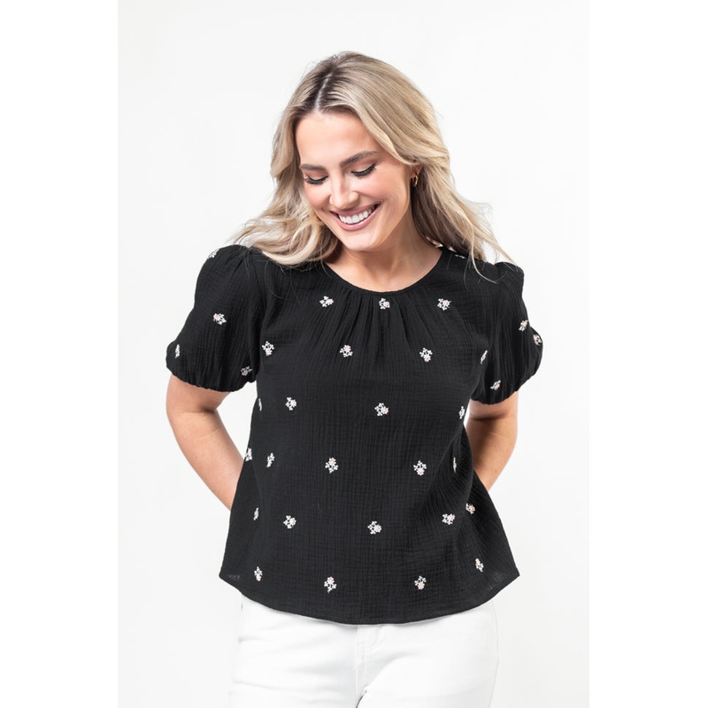 Endless Charm Black Floral Embroidered Gauze Blouse