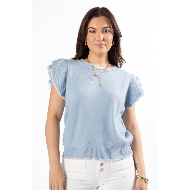 Everywhere and Back Light Blue Flutter Sleeve Stitched Detail Sweater
