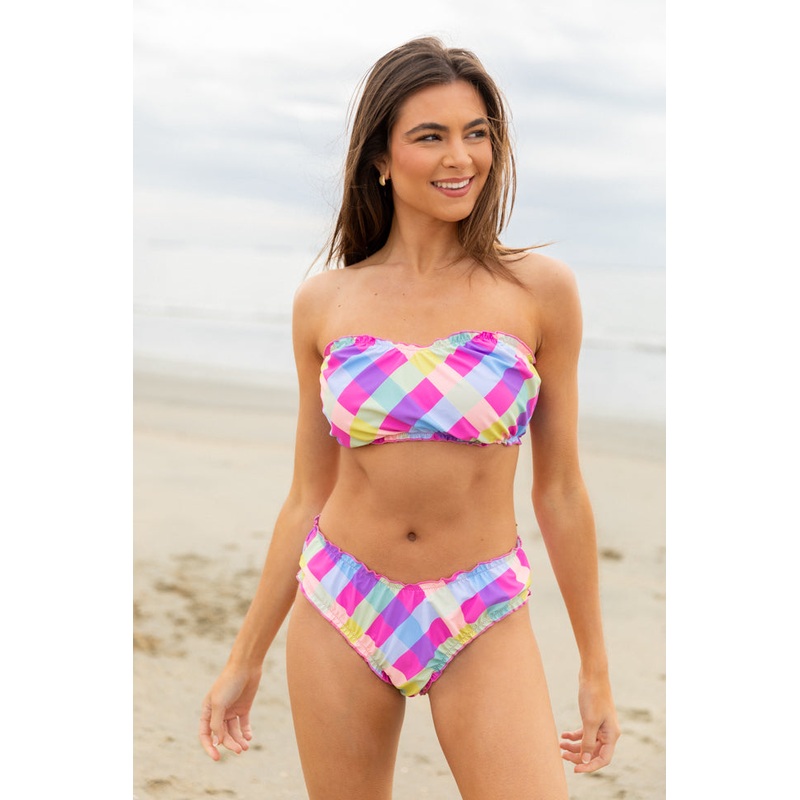 Going Swimmingly Multi Plaid Printed Ruffle Bikini Top FINAL SALE