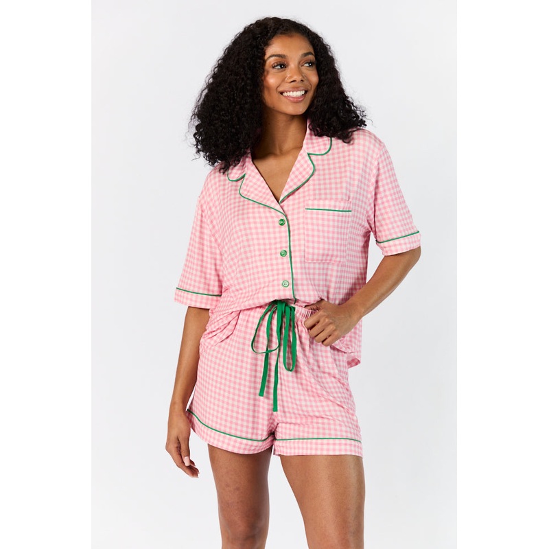 Good To Get Away Pink Gingham Short Sleeve Pajama Top