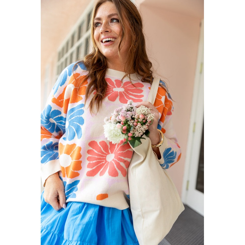 Gracious Gardens Blue Multi Block Floral Sweater