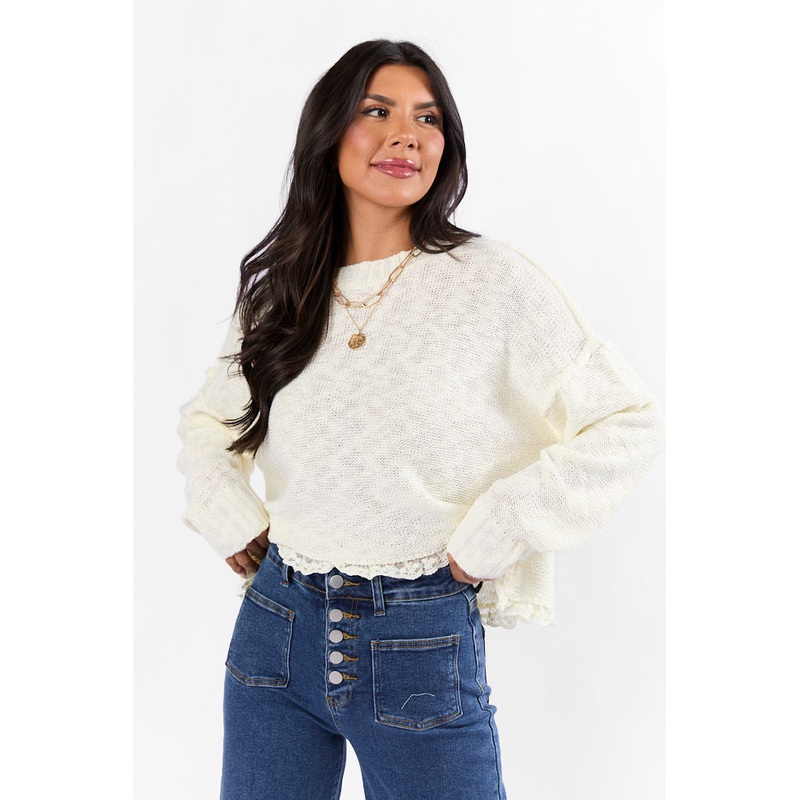 Harp On It Cream Lace Hem Crew Neck Sweater