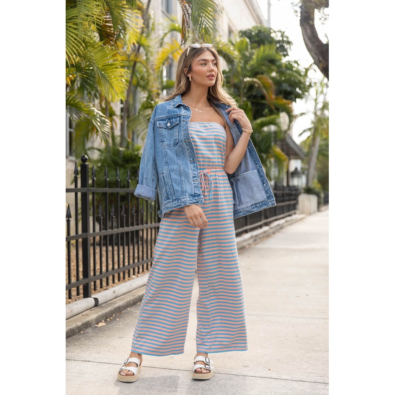 Making My Way Coral and Blue Striped Strapless Jumpsuit