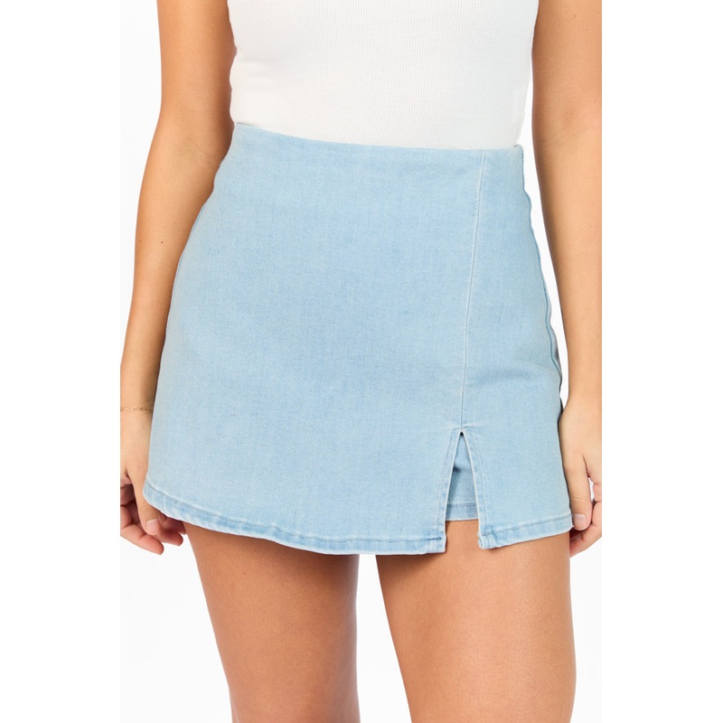 My Favorite Medium Wash Acid Wash Side Slit Denim Skort