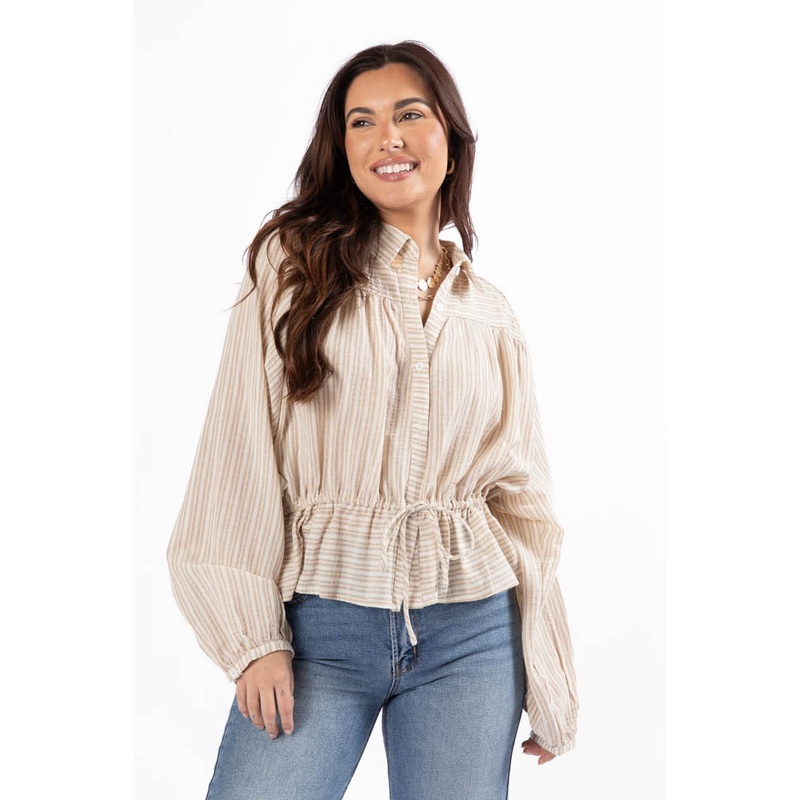 My Hands Are Tied Taupe Striped Drawstring Button Down Blouse