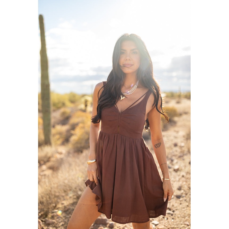 Rings A Bell Chocolate V-Neck Mini Dress
