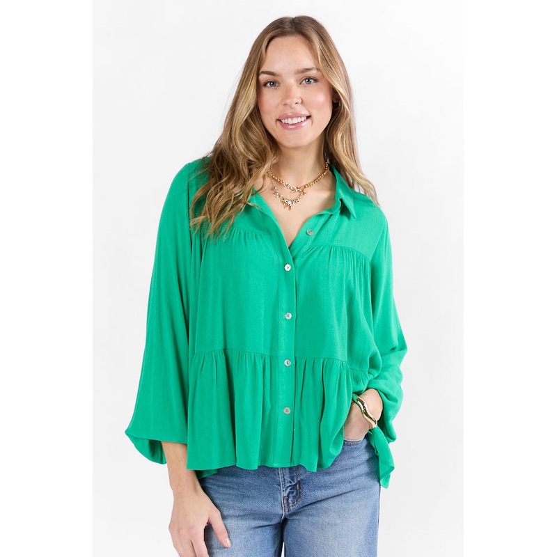 Something Good Green Tiered Relaxed Button Down Blouse