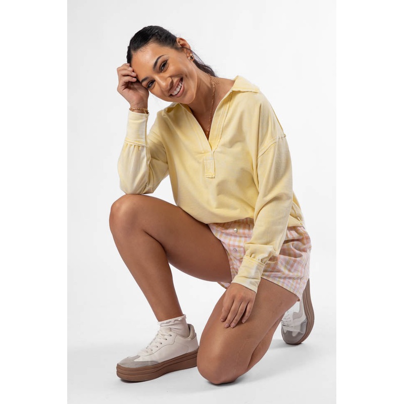 Take A Chance Yellow Acid Wash Knit Collared Long Sleeve Tee