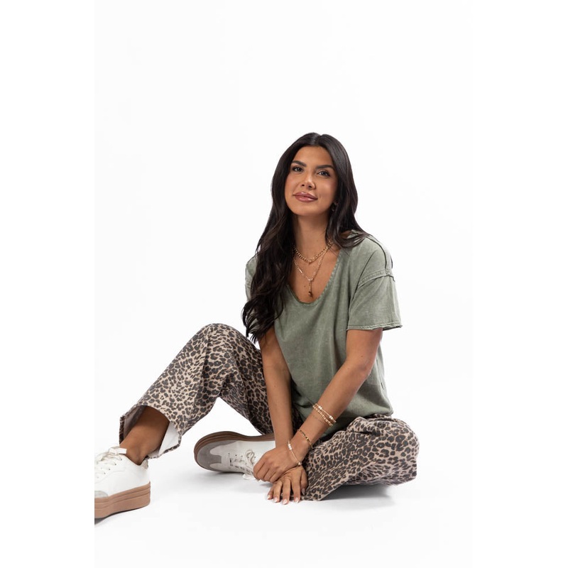 Tell Me About It Olive Acid Wash Scoop Neck Tee