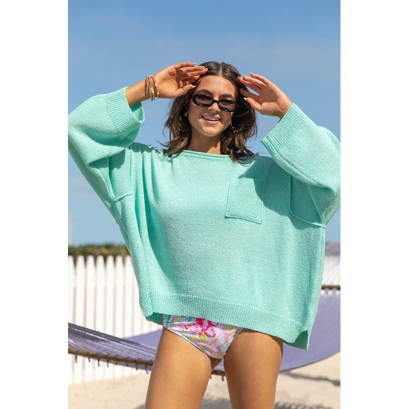 Tell Me Everything Aqua Oversized Pocketed Light Weight Sweater