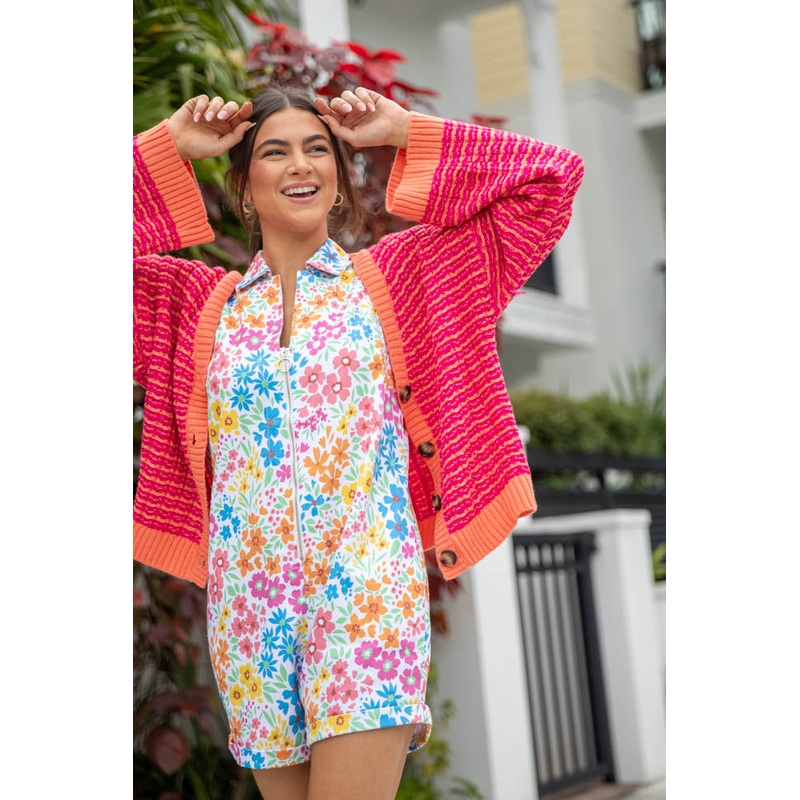 Triple Take Pink and Orange Woven Textured Knit Cardigan