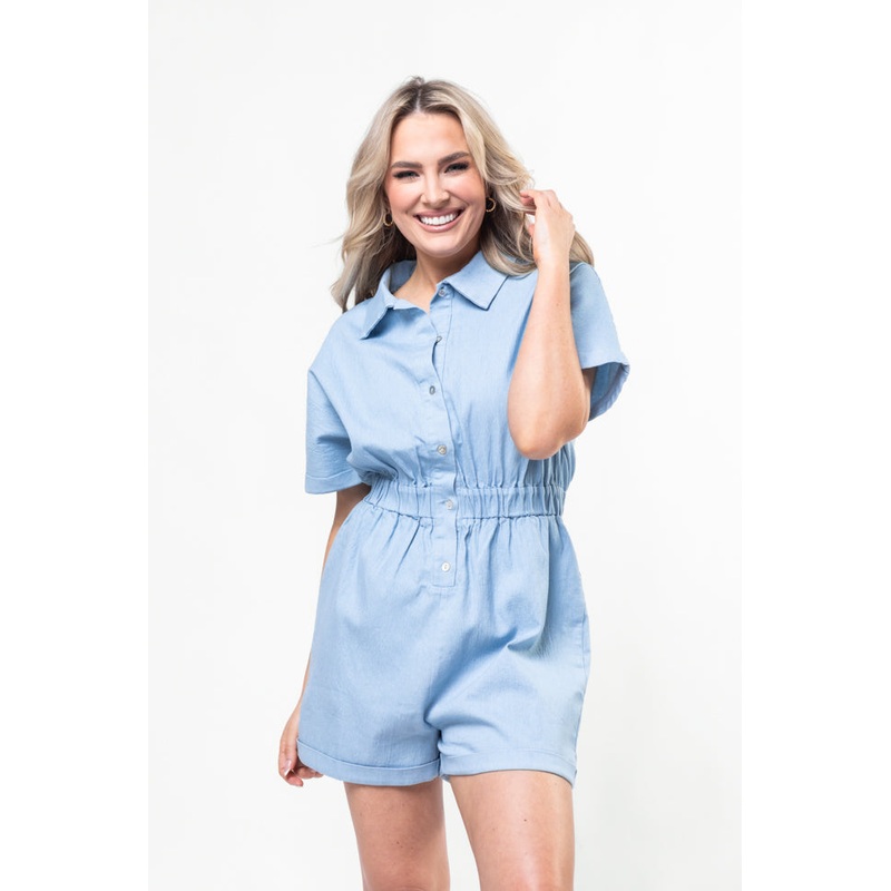 Walk With Me Blue Solid Chambray Romper FINAL SALE