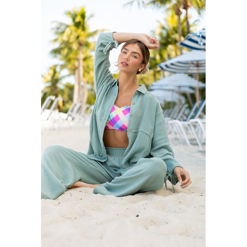 Warmer Weather Sage Gauze Button Down Top