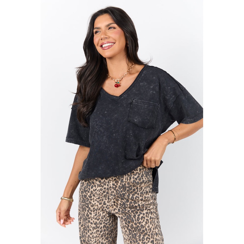 When We Meet Black Oversized Acid Wash V-Neck Tee