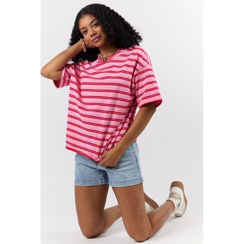 Between The Lines Pink and Red Oversized Striped Tee
