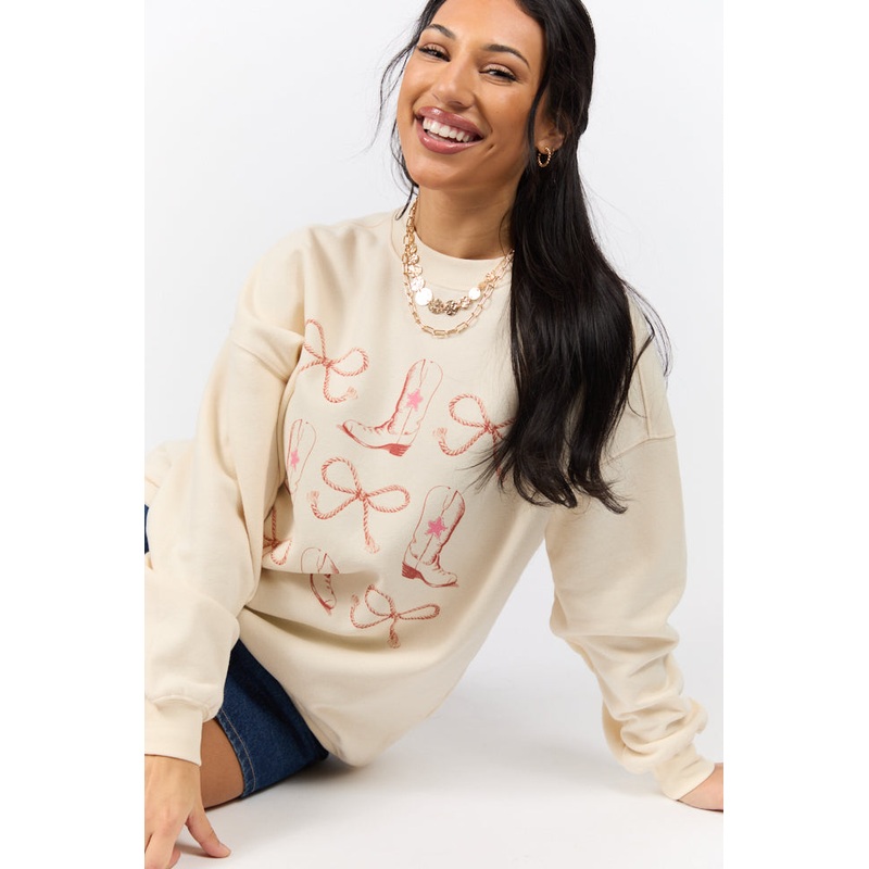 Bows and Boots Cream Graphic Sweatshirt