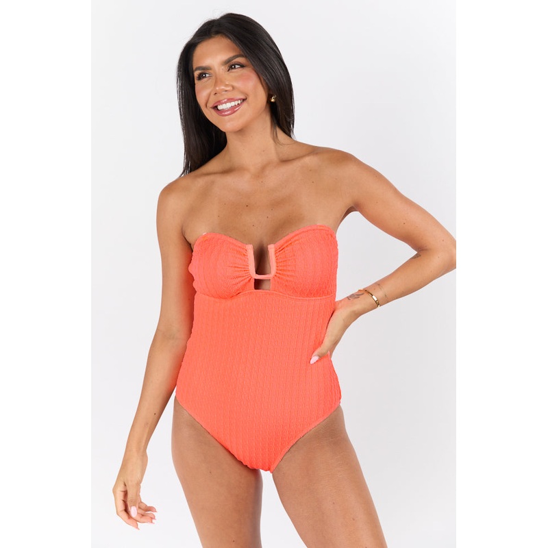 By The Beach Neon Coral Square Notch One Piece Swimsuit FINAL SALE
