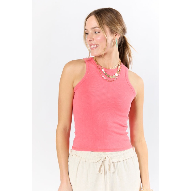 Cool Instincts Coral Acid Washed Rib High Neck Tank