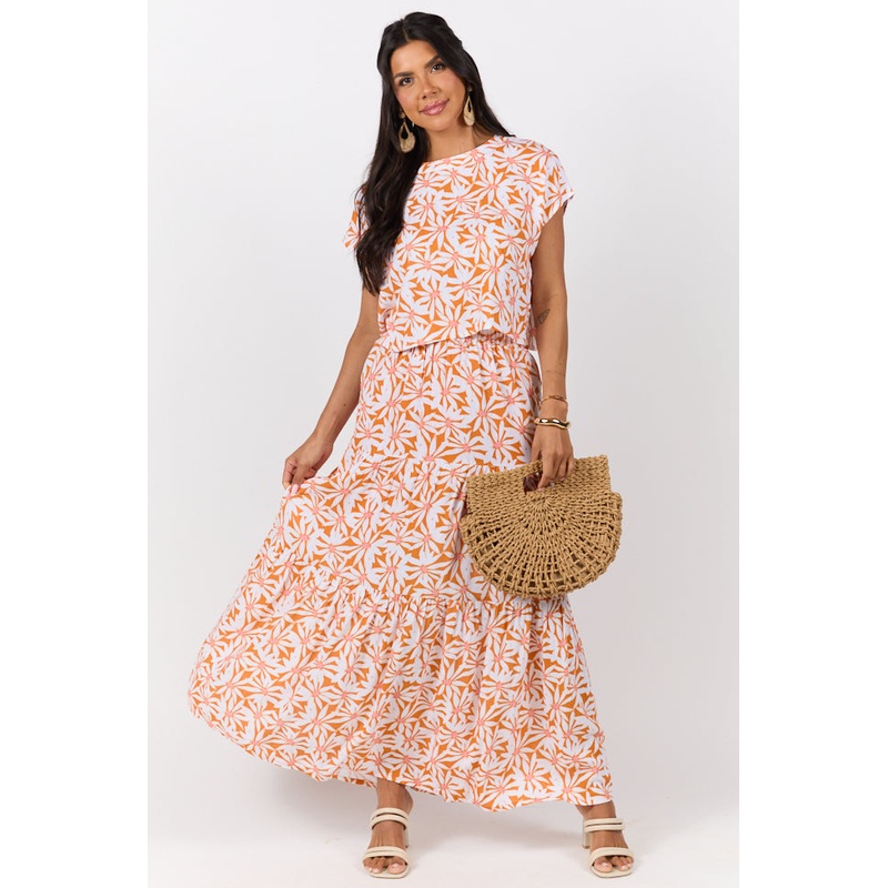Dinner Downtown Orange Multi Floral Print Two Piece Skirt Set