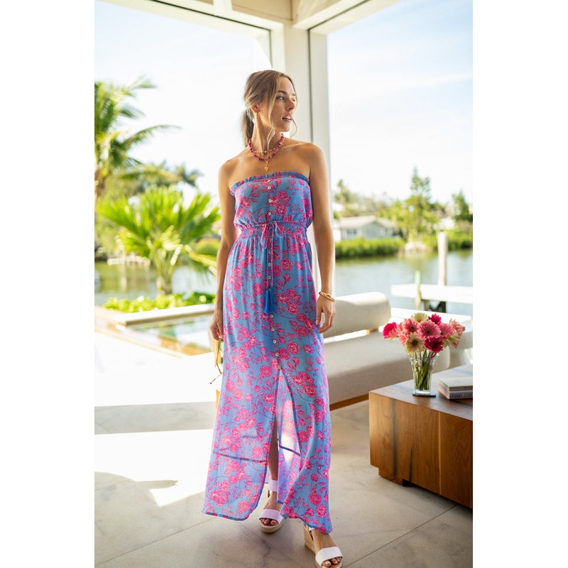 Floral Oasis Blue and Pink Strapless Printed Maxi Dress