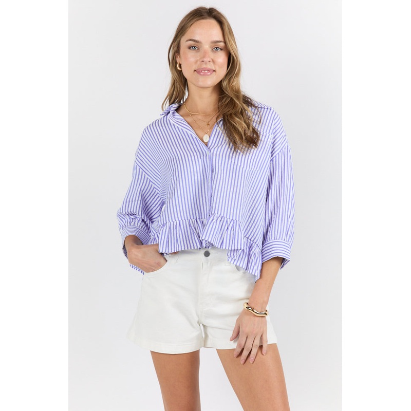 In Depth Blue Ruffle Hem Textured Stripe Button Down Top