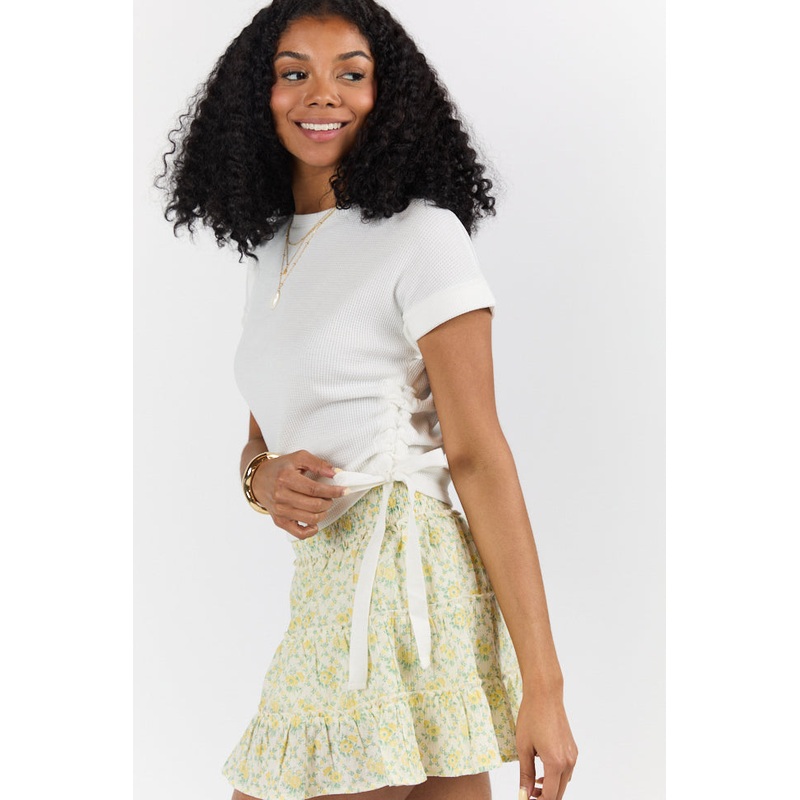 On The Road Again Ivory Waffle Knit Ruched Side Tee