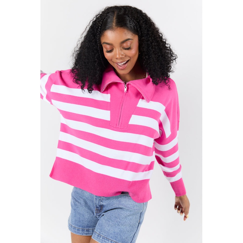 Pulling Heartstrings Hip Length Pink Stripe Quarter Zip Pullover FINAL SALE