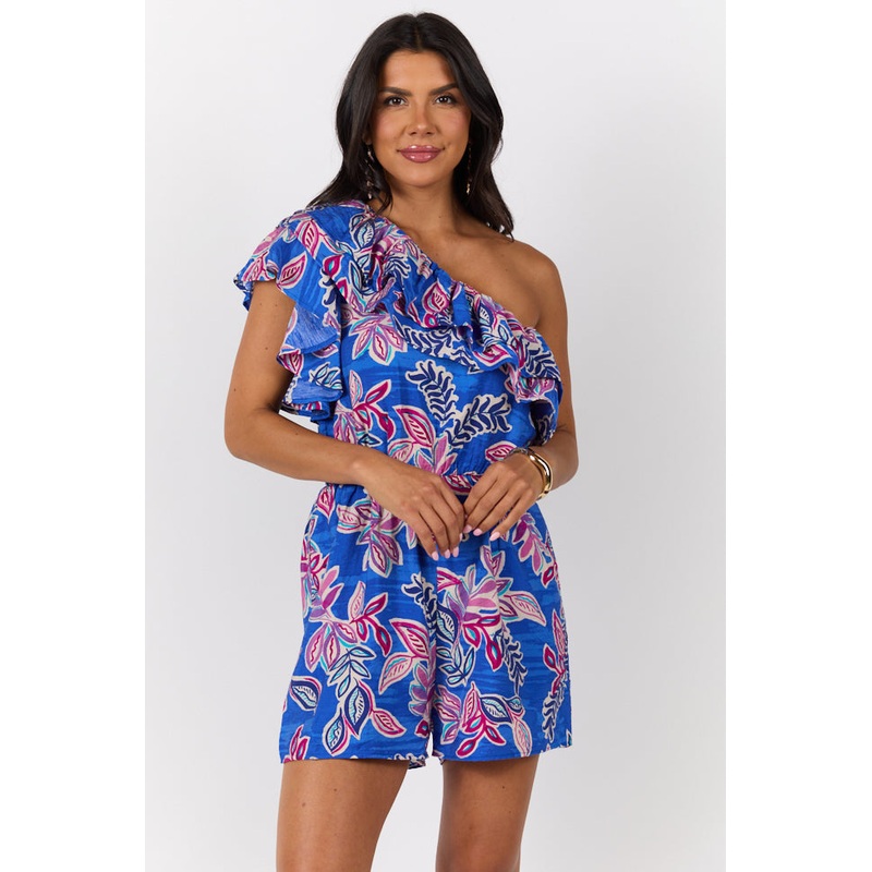 Radiating Beauty Blue Multi One Shoulder Ruffle Romper