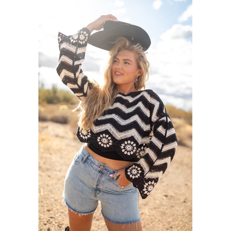 Saltwater Nights Black and Ivory Crochet Sweater