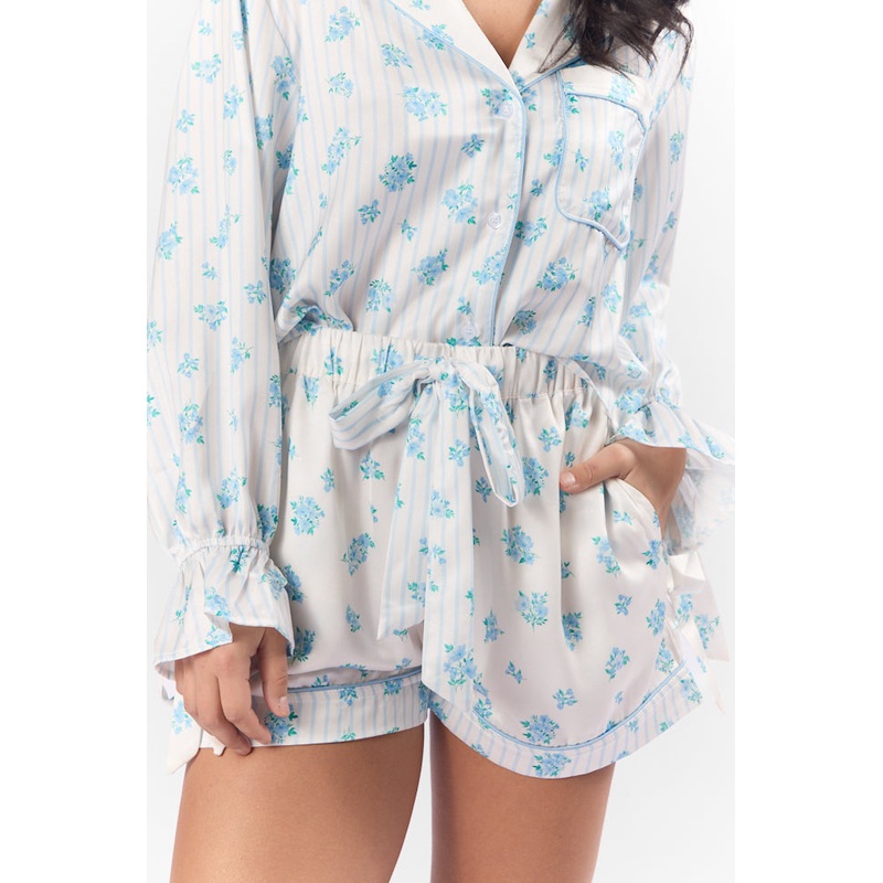 Sleep On My Side Blue Floral Satin Pajama Shorts